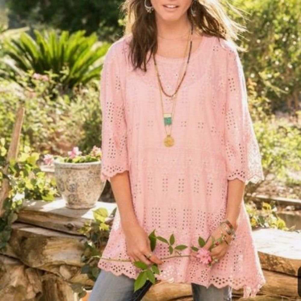 Sundance Pink Eyelet 3/4 Bell Sleeve Tunic Top Size S 100% Cotton